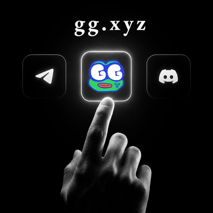 A black-and-white image shows a hand reaching up to tap a glowing app icon featuring a colorful "GG" character with googly eyes and a smile, flanked by Telegram and Discord logos, with "gg.xyz" displayed prominently at the top, visually reinforcing the post's message about gg.xyz being a social trading platform built around ideas and accessible through familiar community channels.
