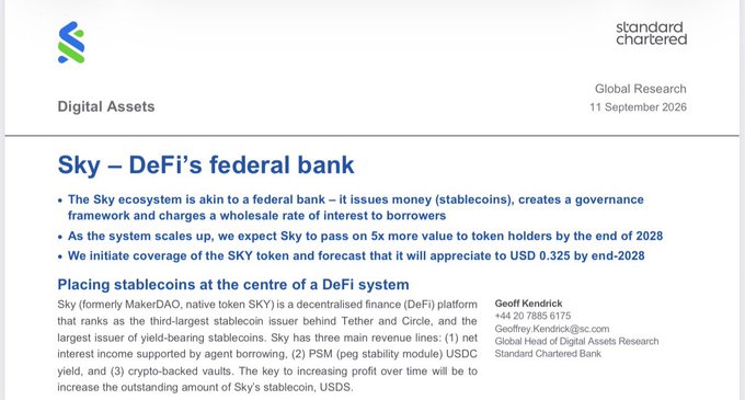 A Standard Chartered Digital Assets research report titled 'Sky – DeFi's federal bank' by Geoff Kendrick, dated 11 September 2026, with bullet points about the Sky ecosystem, stablecoin issuance, and a price forecast of USD 0.325 by end-2028.
