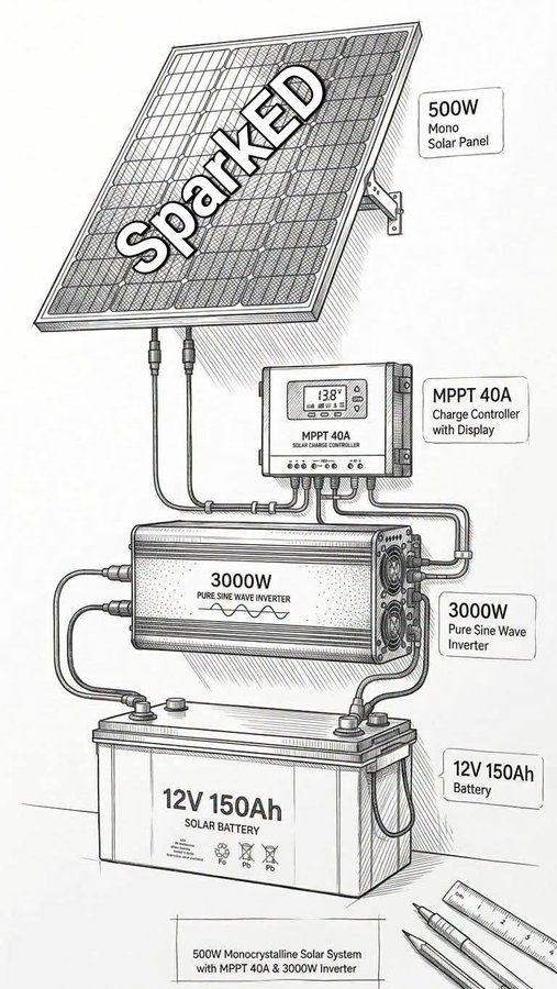 A detailed black-and-white technical illustration of a SparkED 500W Monocrystalline Solar System, showing a 500W Mono Solar Panel connected to an MPPT 40A Charge Controller, a 3000W Pure Sine Wave Inverter, and a 12V 150Ah Solar Battery.