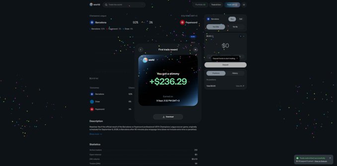 The image shows a dark-themed cryptocurrency dashboard for world.xyz with a "First trade reward" pop-up displaying "+$236.29" earned in USDC, alongside portfolio metrics showing a 0.0% payment ratio and a "Withdraw" button. According to the post, this illustrates how users can earn around $240 (~11,650 TL) in free rewards by signing up via a referral link, connecting their X account, and completing a single $20 transaction on the World platform.