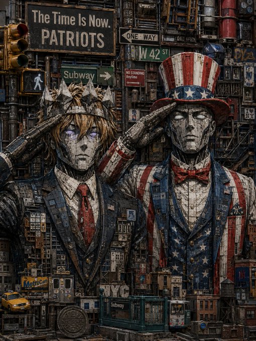 A detailed steampunk-style illustration depicts two figures—a young man in a suit and a robot-like Uncle Sam—saluting amid a dense cityscape of street signs including "The Time Is Now. PATRIOTS," "ONE WAY," "W 42 ST," "Subway," and "NO STANDING Anytime."