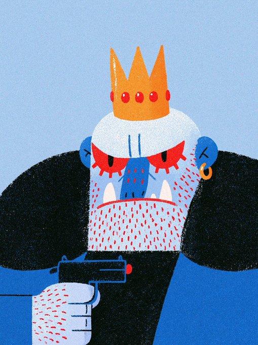 An illustration of a blue monkey wearing a crown, red sunglasses, and an earring, pointing a gun directly at the viewer.