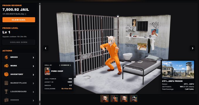 A man wearing an orange jumpsuit stands within a jail cell, possibly playing a video game that simulates the prison environment or telling his story. The man appears to be at the jail level of this virtual setting. In the background, there is a map of the jail layout and various items, including a bed, a TV screen, and an orange baton with a red "Jailed" symbol on it.