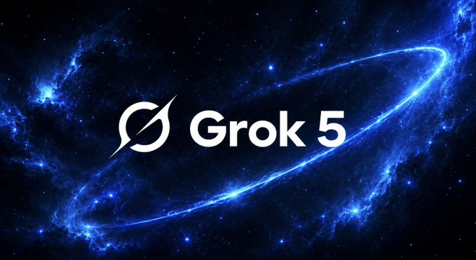 The Grok 5 logo with its distinctive circular symbol is displayed against a cosmic blue galaxy background with glowing orbital lines.