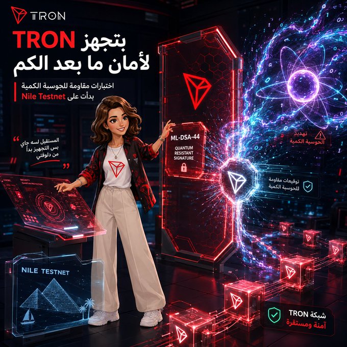 A promotional graphic for TRON's "Nile Testnet" features a stylized woman standing beside a red quantum-resistant server labeled "ML-DSA-44" and "QUANTUM RESISTANT SIGNATURE," with Arabic text highlighting quantum-resistant encryption testing on Nile Testnet, visually reinforcing the post's message about TRON proactively preparing for future quantum computing threats to blockchain security.