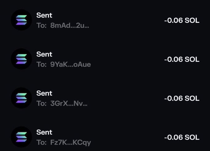 A screenshot shows multiple "Sent" transactions, each for "-0.06 SOL," sent to truncated addresses (8mAd...2u..., 9YaK...oAue, 3GrX...Nv..., Fz7K...KCqy), confirming the user's participation in a SOL giveaway where 100 winners will be selected.

- **Verification of entry**: Each "-0.06 SOL" send transaction serves as proof of submission to the giveaway draw.
- **No context provided**: The destination wallet addresses are truncated, but the user's post context confirms these transactions relate to the "$SOL" address drop.