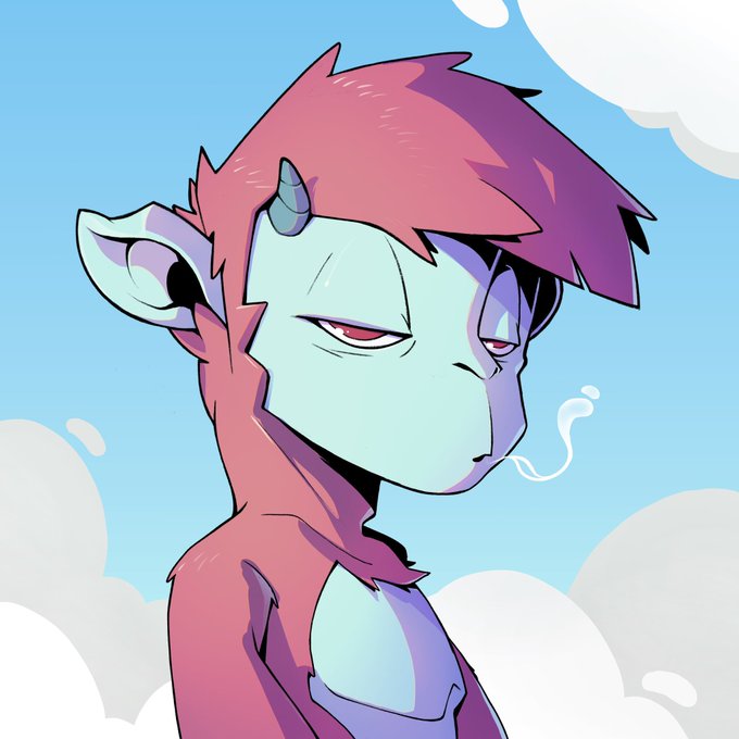 An illustrated character with pink and purple fur, light blue skin, pointed ears, and small horns is shown in profile against a sky background.