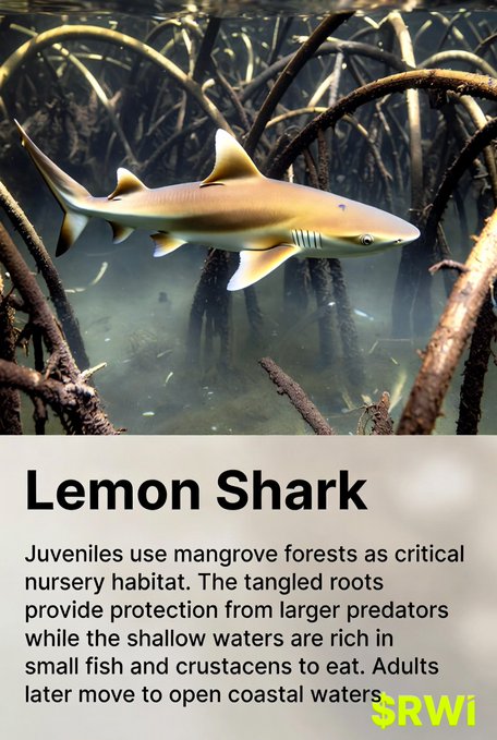 An informational graphic titled "Lemon Shark" explaining that juveniles use mangrove forests as nursery habitat, featuring a photo of a shark swimming among mangrove roots, with "$RWI" in the corner.