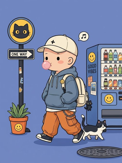 A cute cartoon illustration of a boy in a blue hoodie, cap, and orange pants walks past a vending machine labeled 'GOOD VIBES,' a 'ONE WAY' sign with a cat icon, and a black-and-white cat, with musical notes floating nearby.