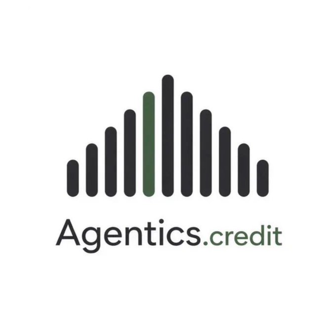 A logo for 'Agentics.credit' featuring a stylized arch made of vertical black bars with one green bar, set against a white background.