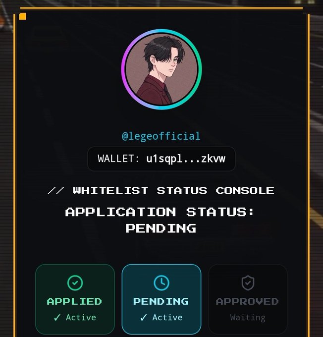 A whitelist status console displays user "@legeofficial" with a pending application status for the @zecboyz NFT project on @Zcash, showing the "Applied" and "Pending" steps as active while "Approved" remains on waiting. The post confirms the user's application for the 3,333-supply Zecboyz NFT whitelist.
