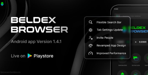 An advertisement for the "BELDEX BROWSER" Android app Version 1.4.1, highlighting new features like "Flexible Search Bar," "Tab Settings Update," and "Improved Performance."