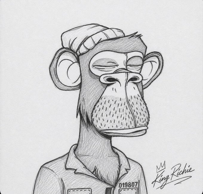 A pencil sketch portrait of a melancholy monkey wearing a beanie and collared shirt, signed 'King Richie' with the number '019807' and a crown logo.