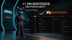 A dark, neon-lit event or presentation scene showing a person standing in front of a screen displaying '#1 ON ROOTDATA 24H POPULARITY' with the ROOTDATA logo.