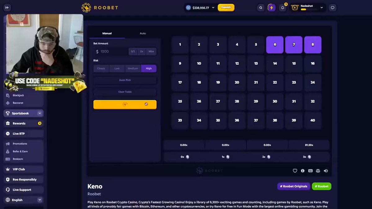 The image depicts a screenshot of a video game interface that shows a player using a character named "Keno" who has just made several hits during gameplay, reaching over $200k in total. The game appears to be a virtual version of Keno from the popular video game series, Keno!, and is being played on an account called "Roobet".