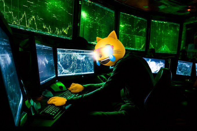 A person sits at a desk surrounded by multiple green-lit monitors displaying charts, with a laughing cat emoji superimposed over their face as a laser-like beam emits from the image.
