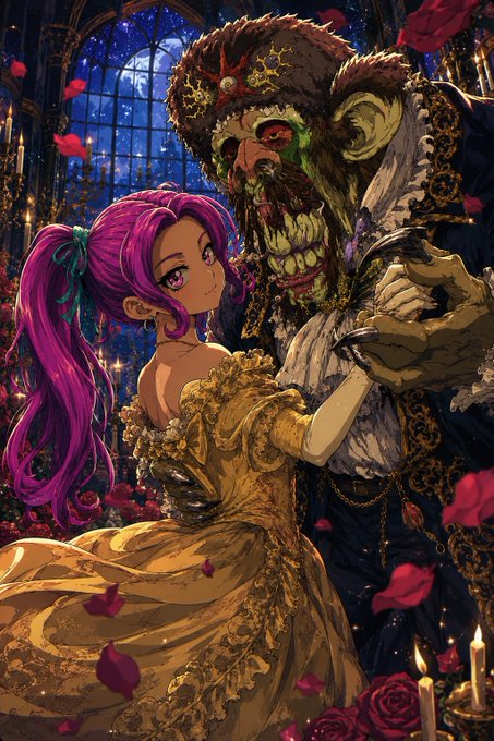 An anime-style illustration showing a young woman with long pink hair in a gold dress dancing with a skeletal figure dressed as a pirate, surrounded by falling rose petals in a gothic hall.