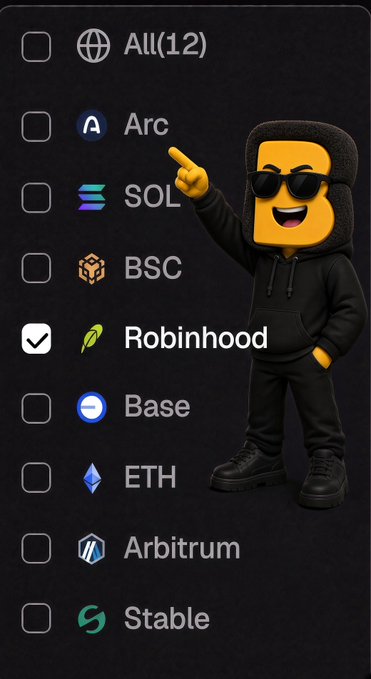A 3D orange emoji character in a black hoodie and sunglasses pointing at a checklist of cryptocurrency networks with Robinhood selected, including All(12), Arc, SOL, BSC, Base, ETH, Arbitrum, and Stable.