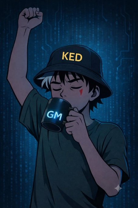 An anime-style digital illustration of a character wearing a black bucket hat labeled 'KED' drinking from a black mug labeled 'GM' against a blue circuit board background.
