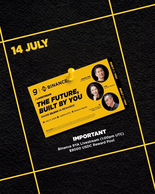 A promotional image for the Binance 9YA Livestream titled "The Future, Built by You" scheduled for July 14, 2026 at 1:00 PM UTC, featuring a yellow card pinned to a black grid background. The card highlights a $9,000 USDC reward pool and displays three speakers—CZ, He Yi, and Yi He—along with Binance branding and the date "14 JULY" prominently in the upper left corner.