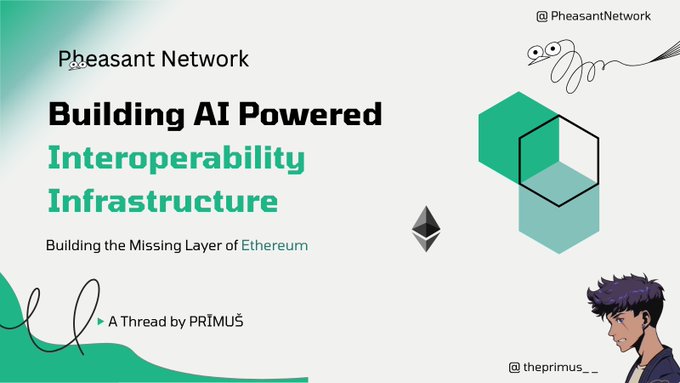 The image shows a poster with a cartoon character standing next to a green hexagon. The text on the poster reads "Building At Powered Interoperability Infrastructure" and there are two lines of text below that say "In 2021, Ethereum was facing one of the biggest challenges in its history".