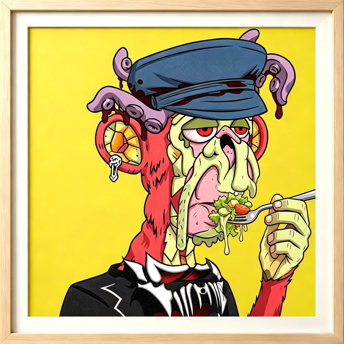 A gruesome cartoon zombie ape wearing a "MURK" hat and chain ear accessory is shown eating a fresh salad with a fork, with drool dripping down its face against a yellow background—visually matching the caption's "Apes follow Apes" theme by depicting a grotesque, undead primate enjoying a meal.