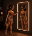 A woman in a brown two-piece outfit poses confidently in front of an illuminated full-length mirror that reflects her figure. The image visually embodies the post's sentiment, as her poised, observational stance in front of the mirror—appearing detached and self-assured—captures the mood of someone choosing to simply observe and pass by rather than engaging with others.