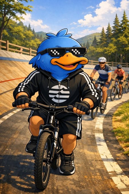 An animated illustration features a blue duck character wearing pixelated sunglasses and a black Adidas tracksuit, riding a bicycle in the foreground with two cyclists following on a winding mountain road.