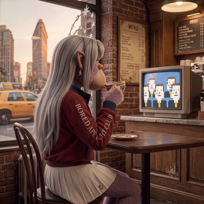 An anime-style monkey character wearing a 'BORED APE YACHT CLUB' jacket sits at a café table watching pixel-art figures on a retro television, with a cityscape visible through the window.
