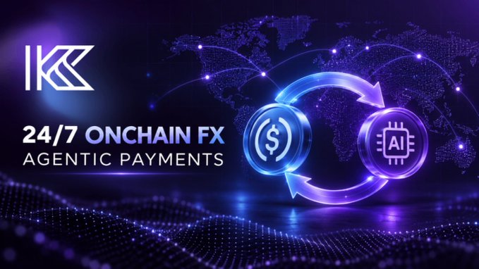 A dark purple and blue graphic showing '24/7 ONCHAIN FX AGENTIC PAYMENTS' next to a logo 'KZ', with a dollar sign and 'AI' chip connected by circular arrows over a world map.