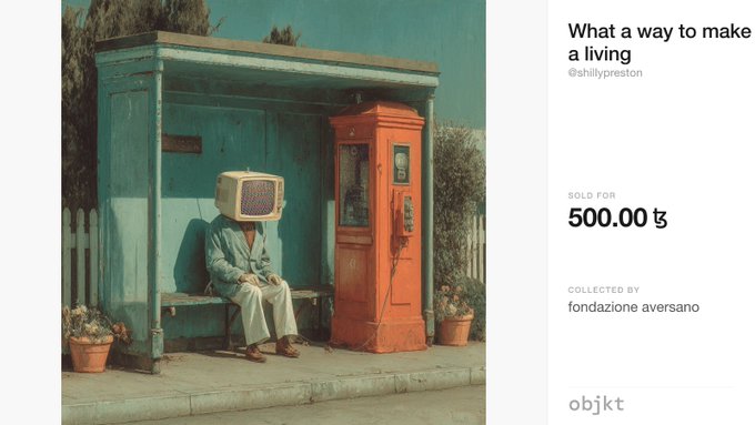An NFT artwork titled 'What a way to make a living' by @shillypreston, depicting a figure with a TV for a head sitting next to an orange phone booth, sold for 500.00 Ϟ and collected by fondazione aversano.