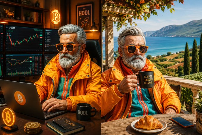 A split image showing an AI-generated older man with white hair and beard in an orange jacket: on the left, he works on a Bitcoin laptop with BTC charts, and on the right, he drinks coffee at a Mediterranean seaside terrace with a HODL mug and a croissant.