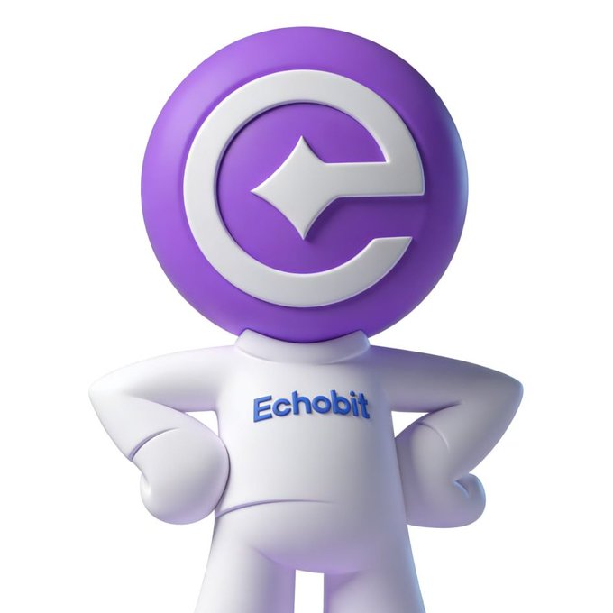 A 3D-rendered cartoon mascot figure with a purple coin-shaped head featuring a white "e" logo stands with hands on hips, wearing a white shirt displaying the "Echobit" name in blue text. The image serves as the official mascot reference for Echobit's creative challenge, inviting participants to remix this character into their own fan art or memes to win a 30 USDT giveaway.