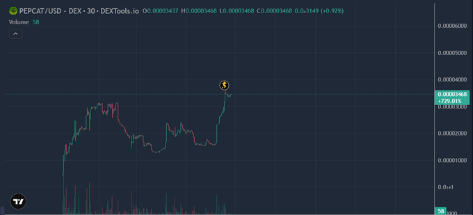 A DEXTools.io chart showing the PEPCAT/USD trading pair with a price of 0.00003468 and a 79.01% increase marked by a dollar sign emoji.