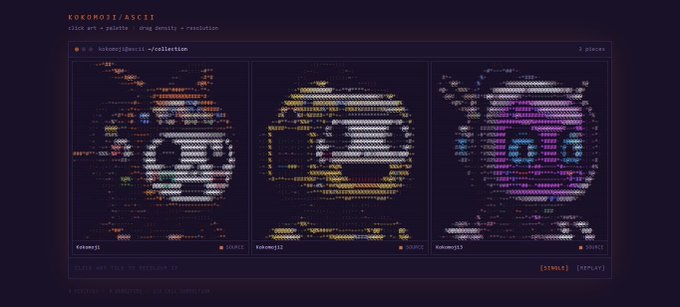 A dark-themed digital artwork titled 'KOKOMOJI/ASCII' by Kokomoji, featuring three pixelated portraits created from colorful ASCII characters.
