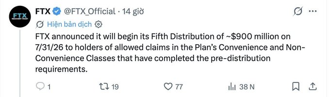 An FTX (@FTX_Official) tweet from 14 hours ago announcing its Fifth Distribution of ~$900 million on 7/31/26 to holders of allowed claims in the Plan's Convenience and Non-Convenience Classes.