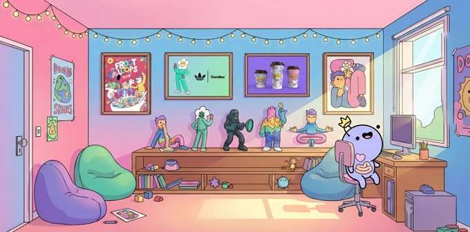 A colorful cartoon illustration of a retro-style bedroom with posters on the wall, bean bag chairs, desk figurines, and string lights hanging from the ceiling.