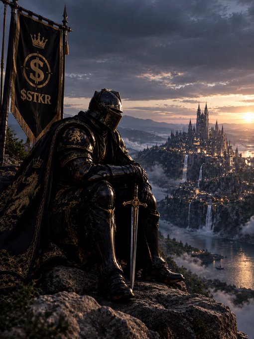 A hooded knight in ornate black and gold armor sits atop a rocky precipice overlooking a glowing kingdom at sunset, gripping a sword resting on the ground beside a banner reading "$STKR" beneath a crowned dollar emblem—evoking a solitary guardian surveying the realm the $STKR community is building together.