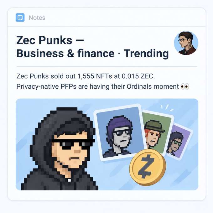 A social media post titled 'Zec Punks — Business & finance · Trending' announcing that Zec Punks sold out 1,555 NFTs at 0.015 ZEC, featuring pixel art characters.