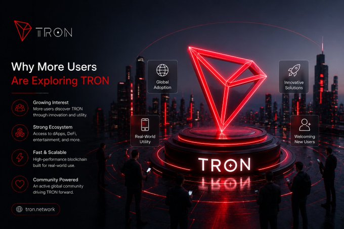 A promotional graphic for TRON titled "Why More Users Are Exploring TRON" lists features like Growing Interest, Strong Ecosystem, Fast & Scalable, and Community Powered, with the website tron.network at the bottom.