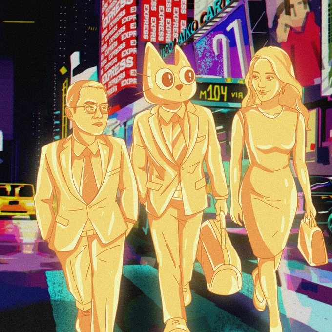An illustrated cartoon shows three figures—a man in a suit, a cat-headed man in a suit, and a blonde woman in a dress—walking through a neon-lit city street with signs reading 'EXPRESS' and 'M-104 VIA'.
