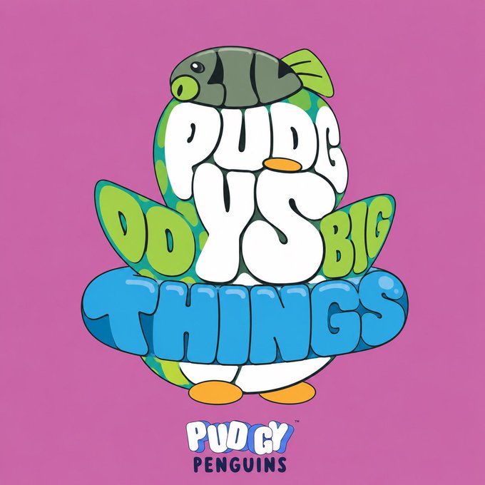 The image features a cartoon penguin sitting atop a stack of letters, with the text "Pudgy vs. Oodys Big Things" written above and below the penguin. The pink background provides a vibrant contrast that makes the colorful penguin stand out.