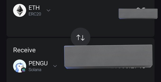 A screenshot of a screen with two black bars containing text about purchasing bitcoin from penguin wallet named 'solana'. The first one says "Receive" while the second one shows that the price for Bitcoins at Penguin wallet has dropped, making it more affordable.