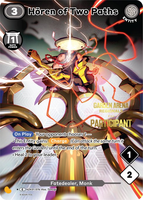 A trading card game card titled "Hören of Two Paths" featuring artwork of a character with a glowing halo, displaying a cost of 3, "Gate Power" of 1, and attack/health values of 1/2, classified as a "Fatedealer, Monk" entity with "Participant" status at the Gahmen Arena Regional, which connects to the post as the user expresses excitement about celebrating Azuki and its TCG at Anime Expo.