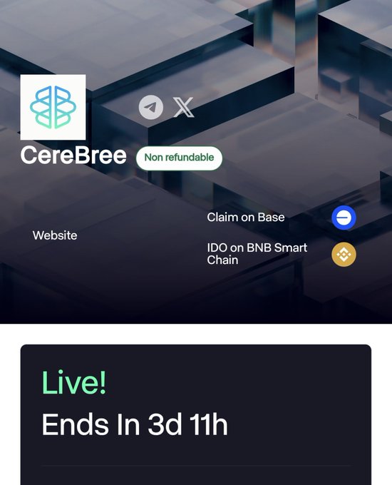 The image shows a CereBree project page labeled "Non refundable" with options to "Claim on Base" and an "IDO on BNB Smart Chain," currently "Live!" with "Ends In 3d 11h." This aligns with the post highlighting that CereBree's IDO subscription is in its final 3 days and can be participated in using USDC on the BEP20 network via Trust Wallet or MetaMask.