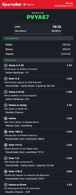 The image shows a SportyBet Nigeria betting slip from 03/08/2026, featuring a booking code "PVYAS7" with combined odds of 10.12 and a maximum bonus of 30.00% on a 100.00 stake yielding a potential payout of 1,315.23 across multiple soccer and basketball selections including CA Huracan, Club Santos Laguna, and Chicago Sky matches.