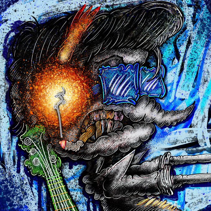 A vibrant graffiti-style artwork featuring a hand holding a flaming object with the letters 'ELK' stylized in blue, set against a blue background.