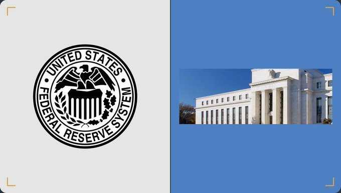 A split image displays the United States Federal Reserve System seal on the left and a photograph of the Federal Reserve building on the right.