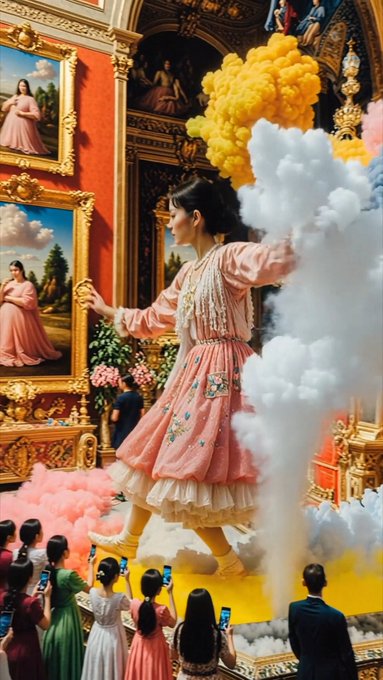 The image features a woman wearing a pink dress, standing on a stage with smoke coming out of her mouth. She appears to be dancing or performing some sort of act for an audience. The audience consists of several people watching her performance from various positions around the stage. There is also a person holding a cell phone in the foreground, possibly capturing the moment or taking notes about the event.