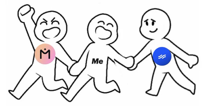 The image features a cartoon illustration of three people, each with different colored circles on their chests that say "Me". The person on the left has a pink circle, the middle one has an orange circle, and the person on the right has a blue circle. These characters are depicted as cartoon figures running together in a line. The image also includes text that reads "Interested in both onchain RWAs and verifiable AI? You are Me". This message is related to the illustration of the three people with circles on their chests, suggesting that they might be interested in both blockchain RWA technology and verifiable AI.